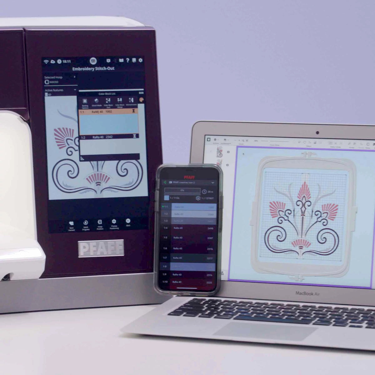 PFAFF creative icon 2 connected wirelessly to embroidery software and mobile app